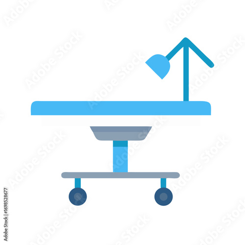 Minimalist operating table illustration with overhead lamp on black