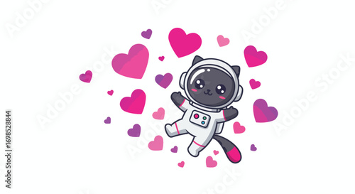 Cute astronaut cat floating among pink and purple hearts