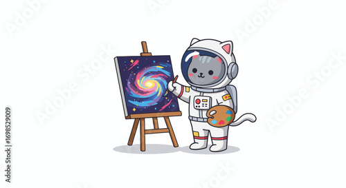 A cat astronaut paints a galaxy on an easel