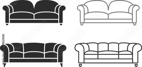  Elegant sofa vector illustration set, modern couch icons, living room furniture design, interior home decoration symbol, classic seating silhouette for stylish arrangement