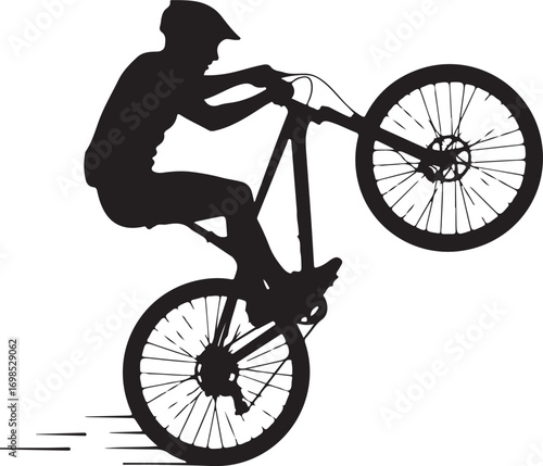 Black silhouette of a person on a bicycle performing a wheelie