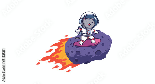 Astronaut cat surfing asteroid with flames