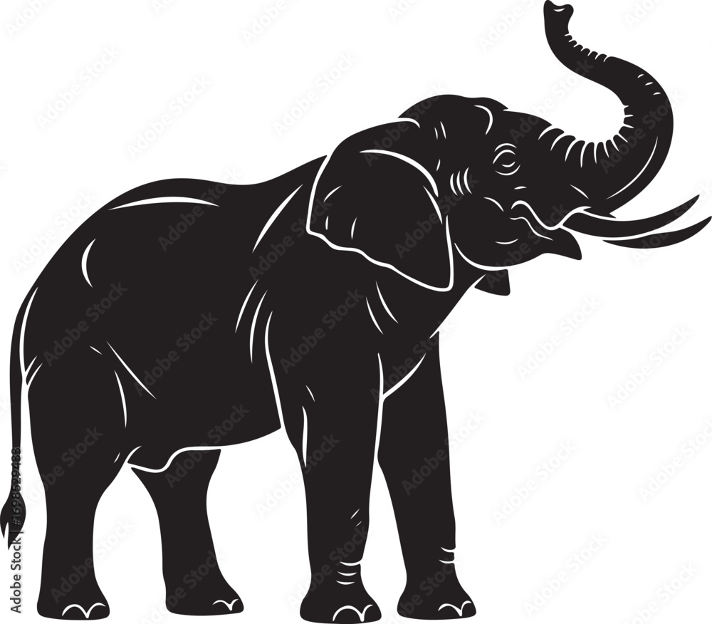 Fototapeta premium Black silhouette of an elephant with trunk raised white background