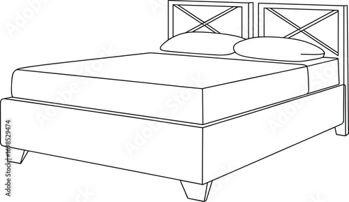  Modern bed vector illustration with headboard, pillows, and mattress design, minimal furniture outline drawing for bedroom interior, home decor, architecture plans, decoration elements