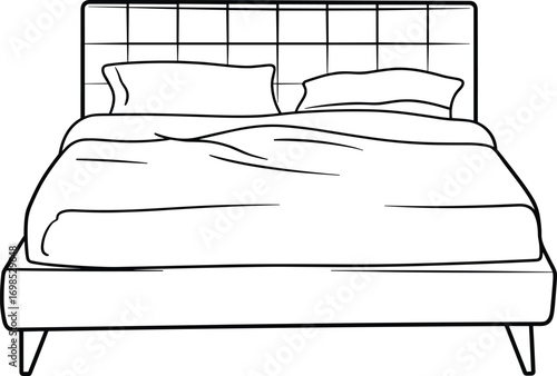  Modern bed with pillows and blanket, bedroom furniture vector illustration, interior design element, home decor style, comfortable sleeping furniture silhouette drawing