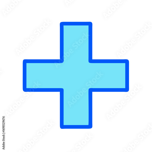 Cyan plus sign with blue outline on black background