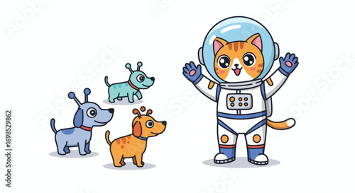 A cat astronaut waves at three dogs