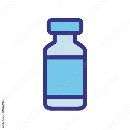 Blue medication vial illustration with blank label on black