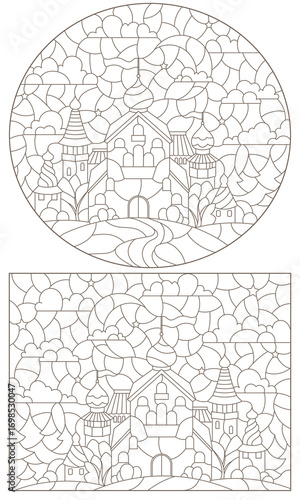 A set of contour illustrations in the style of a stained glass window with an ancient castle and landscape, dark outlines on a white background