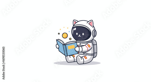 A cartoon cat astronaut reads a book with planets floating nearby