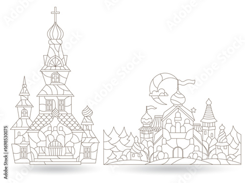 A set of contour illustrations in the style of a stained glass window with an ancient castle and landscape, dark outlines on a white background