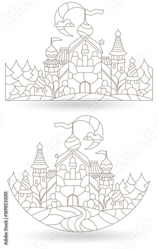 A set of contour illustrations in the style of a stained glass window with an ancient castle and landscape, dark outlines on a white background