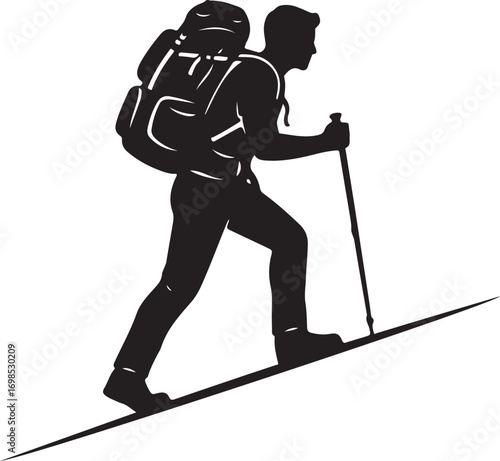Silhouette of hiker with backpack and trekking pole climbing uphill