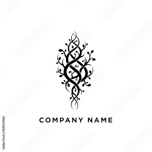 Intricate black and white logo of intertwined vines and leaves.
