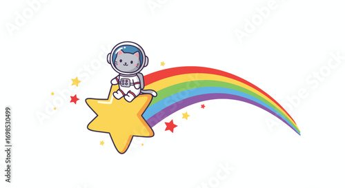 A cartoon cat in an astronaut suit sits on a yellow star with a rainbow arc behind it