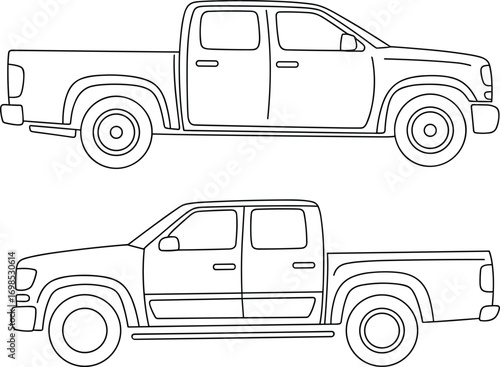 Pickup truck outline vector illustration set, black line automotive vehicle design, transportation icons, cargo car drawing, modern utility truck silhouette style
