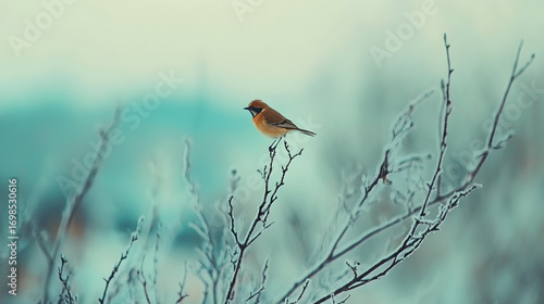 Fototapeta Naklejka Na Ścianę i Meble -  Small bird perched on a branch in a winter landscape with snow.
