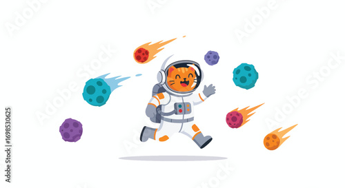 A cartoon cat astronaut in a white suit runs through space surrounded by meteors