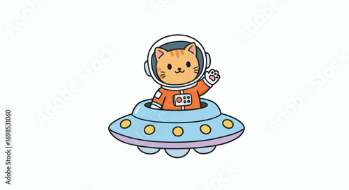 A cartoon cat in a spacesuit in a flying saucer