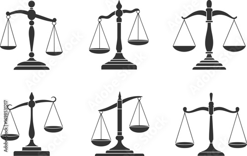 Scales of justice vector illustration set, law balance icons, legal symbol silhouette, court equality representation, attorney fairness element, legal judgment scale design