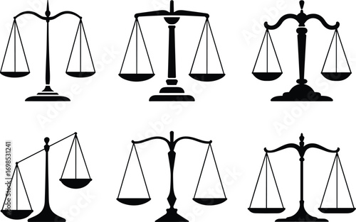 Set of balance scale silhouette vector icons, law and justice symbols, legal equality graphic design,