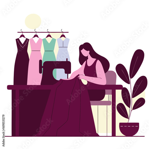 Creative fashion designer crafting unique garments with sewing machine in stylish atelier