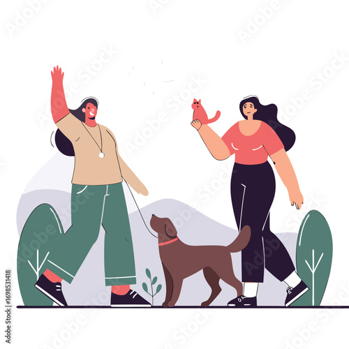 Joyful friends walking dog and holding cat in sunny park, celebrating pet ownership and outdoor fun