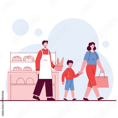 Happy family shopping for fresh bread at local bakery with friendly baker assisting