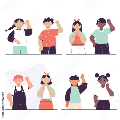 Diverse children waving hello joyfully, representing global friendship and community connection