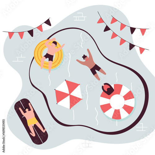 Joyful friends relaxing and floating in a refreshing swimming pool on a sunny summer day