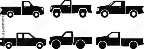  Set of pickup truck silhouette icons, black vehicle shapes, transportation vector collection, automotive design elements, car service graphics, delivery truck illustration