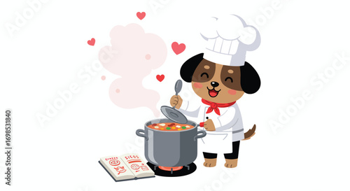 A cartoon dog in a chef hat cooks in a pot with a cookbook nearby