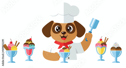 Dog chef with ice cream sundaes