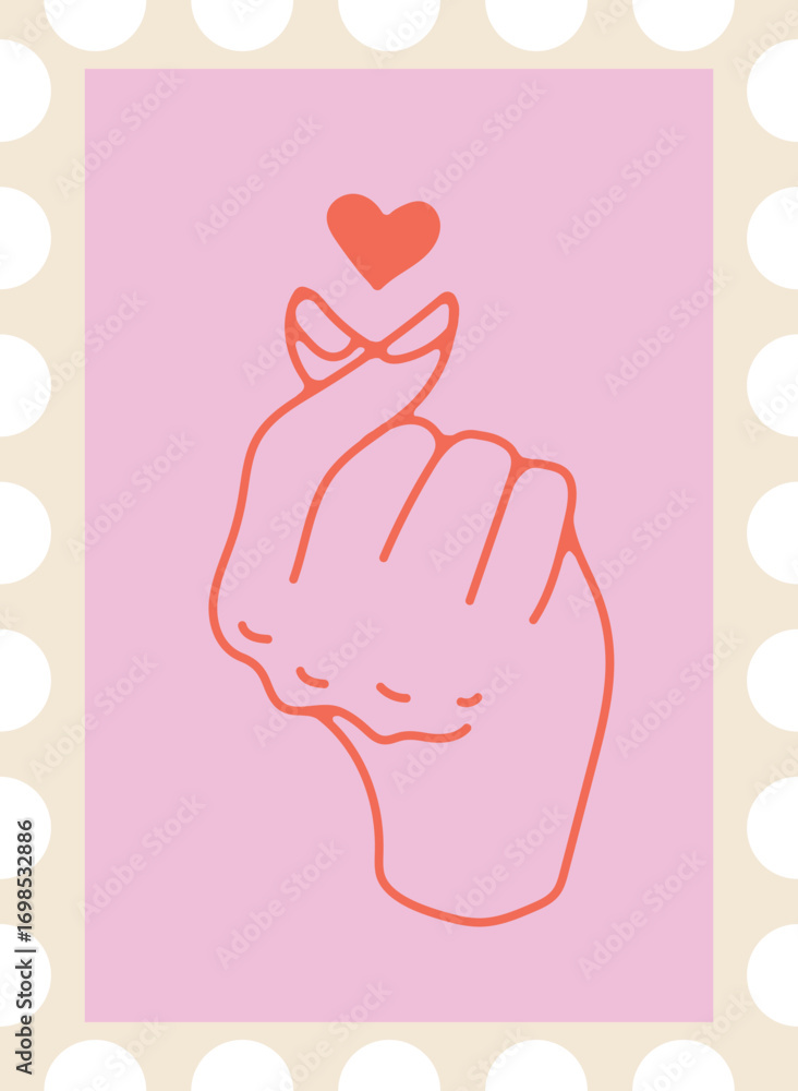 Obraz premium Post mark with Cute vector illustration of a hand gesture with heart symbol, minimalist pink background design for love, valentine, romantic and kawaii concepts.