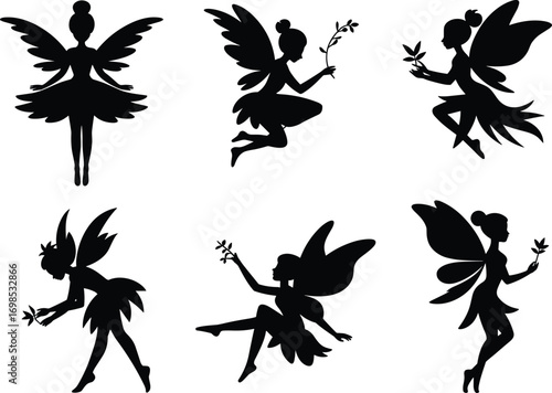  Silhouette vector illustration of magical fairies with wings holding leaves, flying, standing, sitting, fantasy characters, mystical fairy tale art design