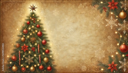 An illustration featuring a beautifully decorated Christmas tree on the left side of the frame