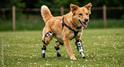 Dog with prosthetic legs running on grass
