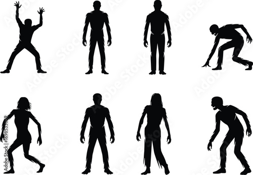  Silhouette vector illustration of zombies in different walking, crawling, and standing poses, horror monster characters, Halloween undead creatures, spooky night design art