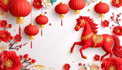 Elegant Chinese New Year illustration of the fire horse zodiac in red and gold ornate style with lanterns, flowers, and cloud ornaments, placed on a clean ivory off-white background.