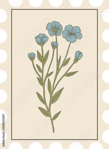 Botanical stamp illustration of blue flax flowers with detailed hand drawn line work and green leaves.