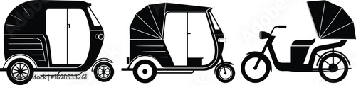  Vector illustration of auto rickshaw silhouettes, tuk tuk icons, scooter taxi design, traditional three-wheeler transport vehicle, urban ride symbols, cultural rickshaw vector set