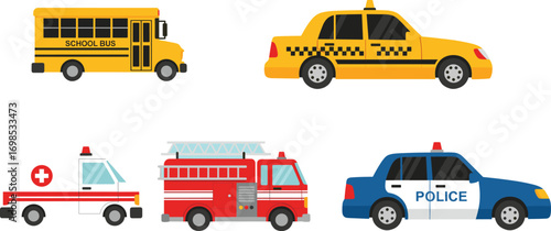 Set of public service and transportation vehicles including school bus, taxi, ambulance, fire truck, police car, emergency transport icons, CAD drawing flat vector illustration