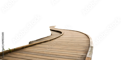 Gently curving light brown wooden walkway path on white background outdoor setting natural wood planks boardwalk design element png file , 