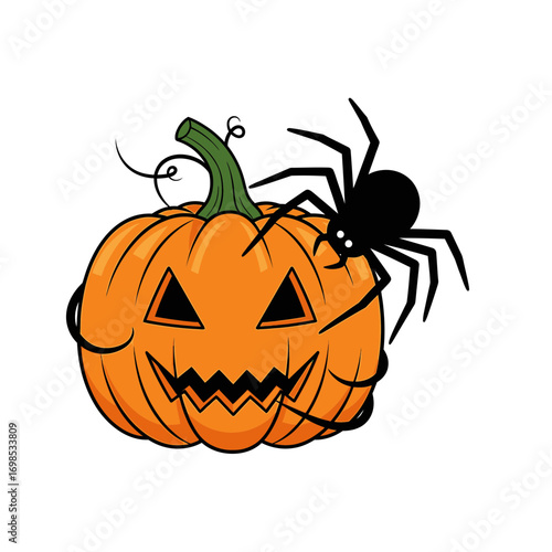 Spooky Halloween pumpkin with grinning face and creepy spider ready for festive frights