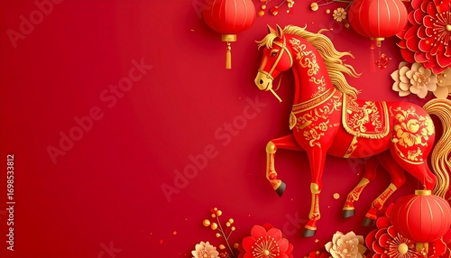 Elegant Chinese New Year background featuring the fire horse zodiac in red and gold patterns with lanterns, flowers, and golden cloud ornaments.