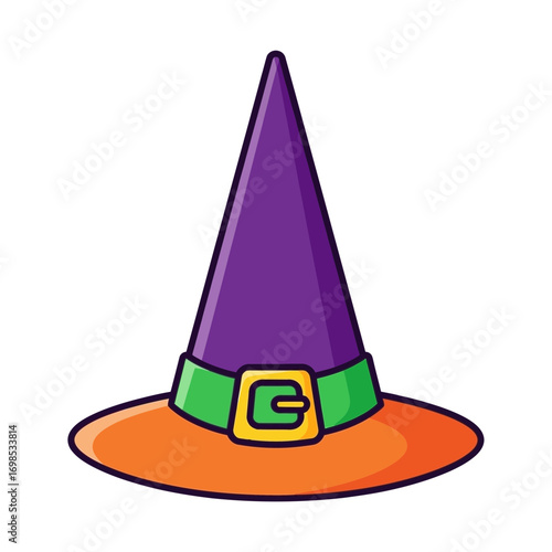 Magical purple witch hat with orange brim and green buckle, perfect for Halloween celebrations and fantasy themes.
