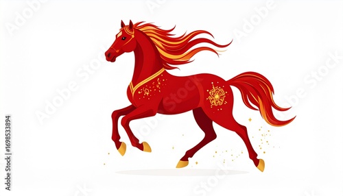 Flat vector illustration of the fire horse zodiac in red and gold, with simple Chinese New Year ornaments and clean background.