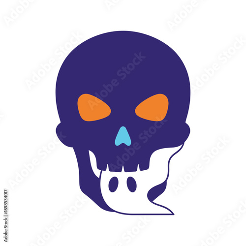Spooky purple skull with orange eyes and ghost emerging from its mouth, perfect for Halloween