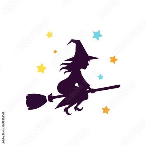 Whimsical witch silhouette flying on broomstick amidst colorful stars, perfect for Halloween