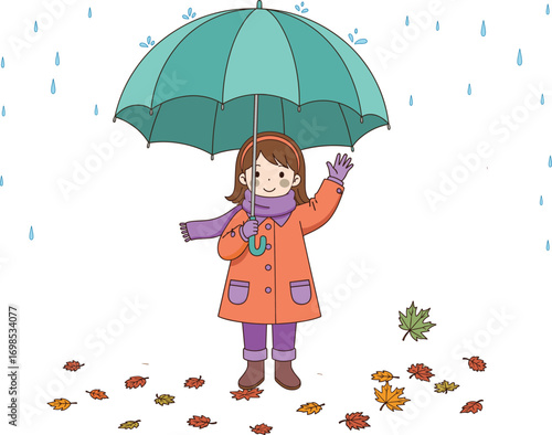 Cartoon child under green umbrella in autumn rain, wearing red coat and purple boots, waving happily, seasonal weather scene, flat vector illustration, CAD drawing